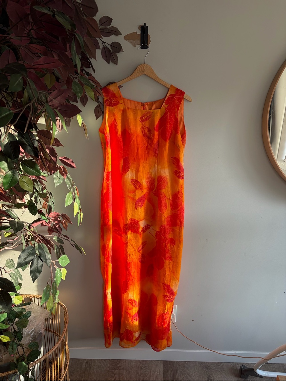 Vintage Orange Maxi Dress with Red Floral Print